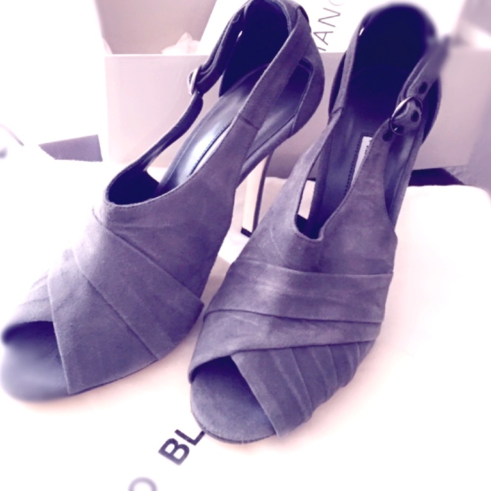 Manolo Blahnik Gray Suede Peep Toe Heels
